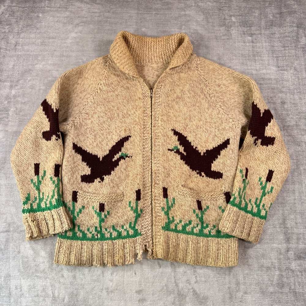 Vintage Cowichan Sweater Mens Large Beige Mallard Duck Zip Up Chunky Knit Nature